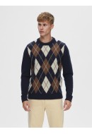 Pulover Barbati Selected Slhcolo Ls Knit Argyle Crew Sky Captain