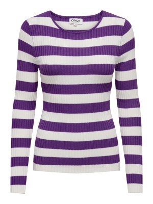 Pulover Dama Only Onlellen O-Neck Snow White Stripes Purple Magic