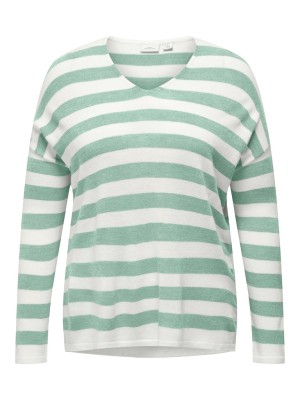 Pulover Dama Only Carmakoma Caramalia Stripe V-Neck Cloud Dancer/Suble Green