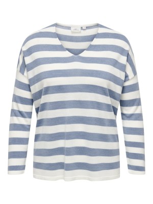 Pulover Dama Only Carmakoma Caramalia Stripe V-Neck Cloud Dancer/Coronel Blue