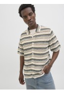 Camasa Barbati Jack&Jones Jorcorfu Knit Ss Nuthatch Stripes Asphalt/Double Cream/Sea Salt